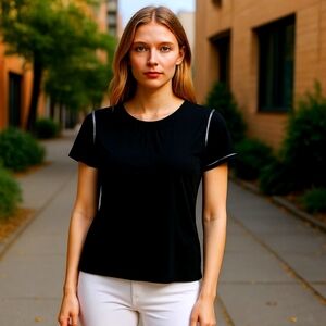 89th + Madison Black Polyester Shirt With Rhinestone Trim On Cap Sleeves  Small